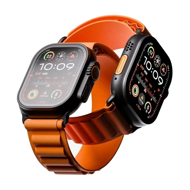 Dois Apple Watch Ultra com pulseira laranja