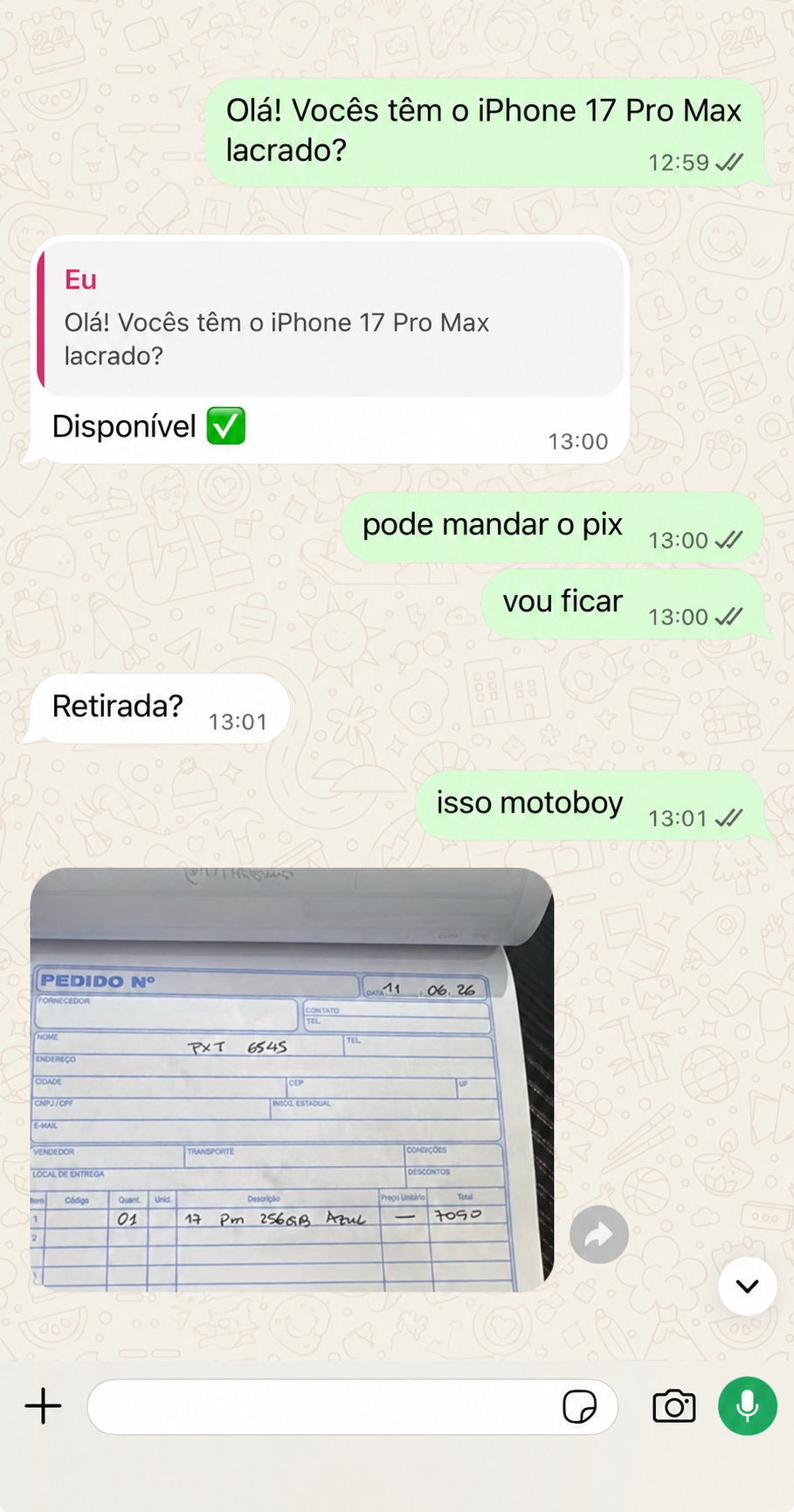 Print real da negociação de um iPhone 17 Pro Max 256GB lacrado por R$ 7.090