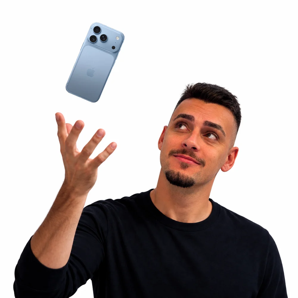 Orlando pegando um iPhone azul no ar
