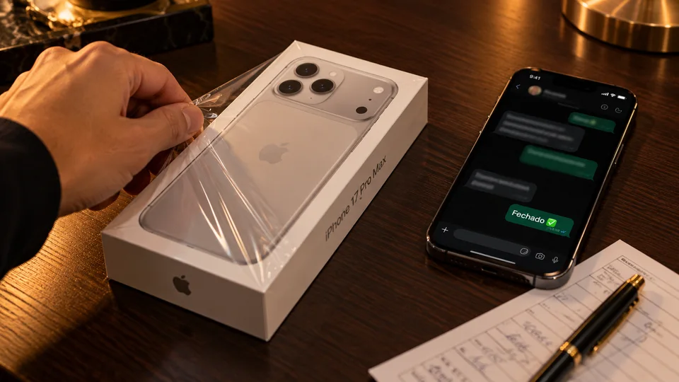 Caixa lacrada de iPhone sendo aberta ao lado de uma conversa com a mensagem Fechado